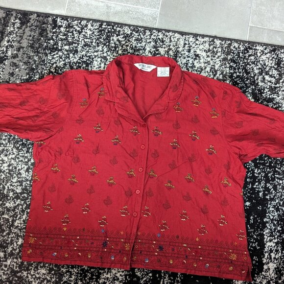 Victoria Jones Woman Embroidered Shirt Capri Pants Set Green Cotton Linen Blend - Picture 2 of 10